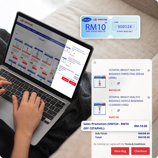 Laptop showing a Health Lane online store checkout with an RM10 Cetaphil voucher applied