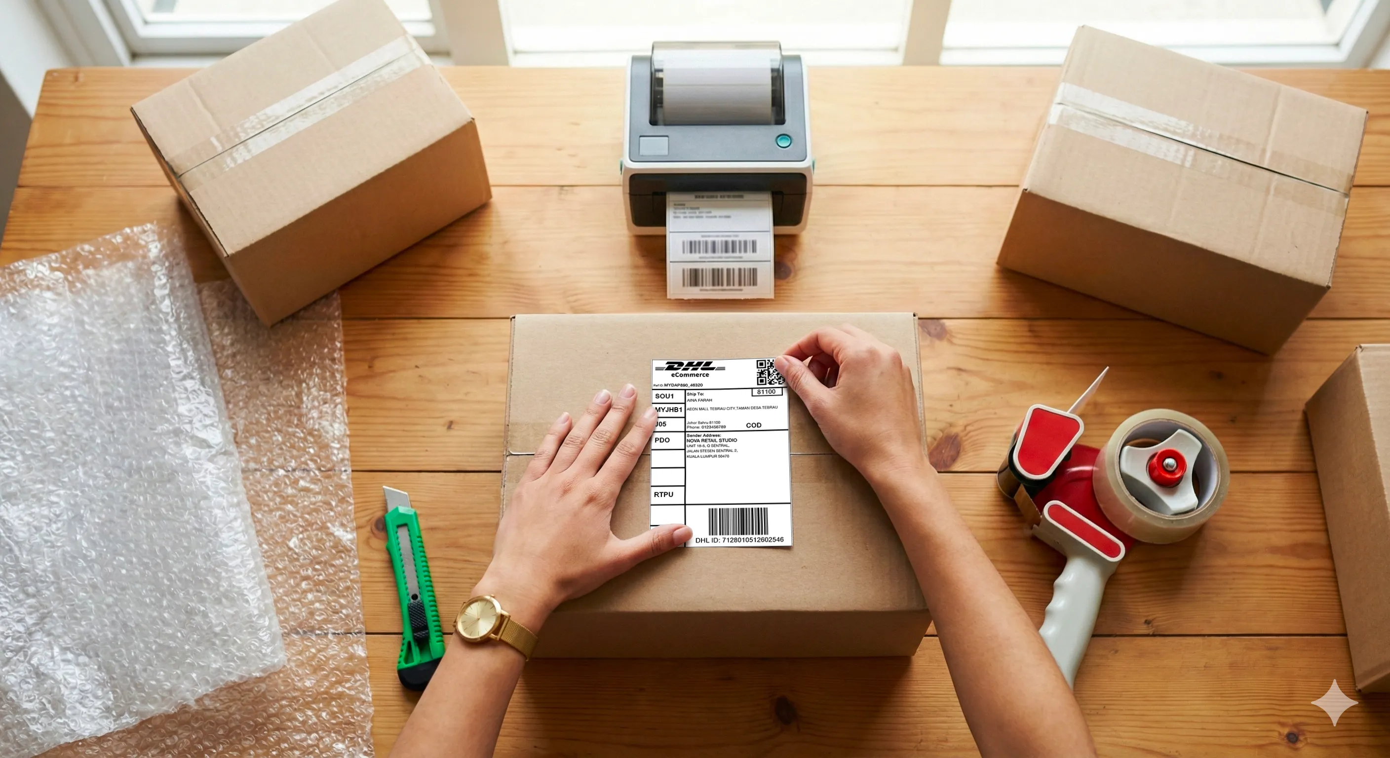 Packing an online order with a DHL shipping label and a thermal label printer