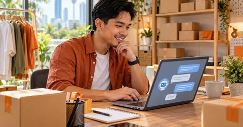 Online seller using an AI chat assistant on a laptop in a home studio stacked with parcels