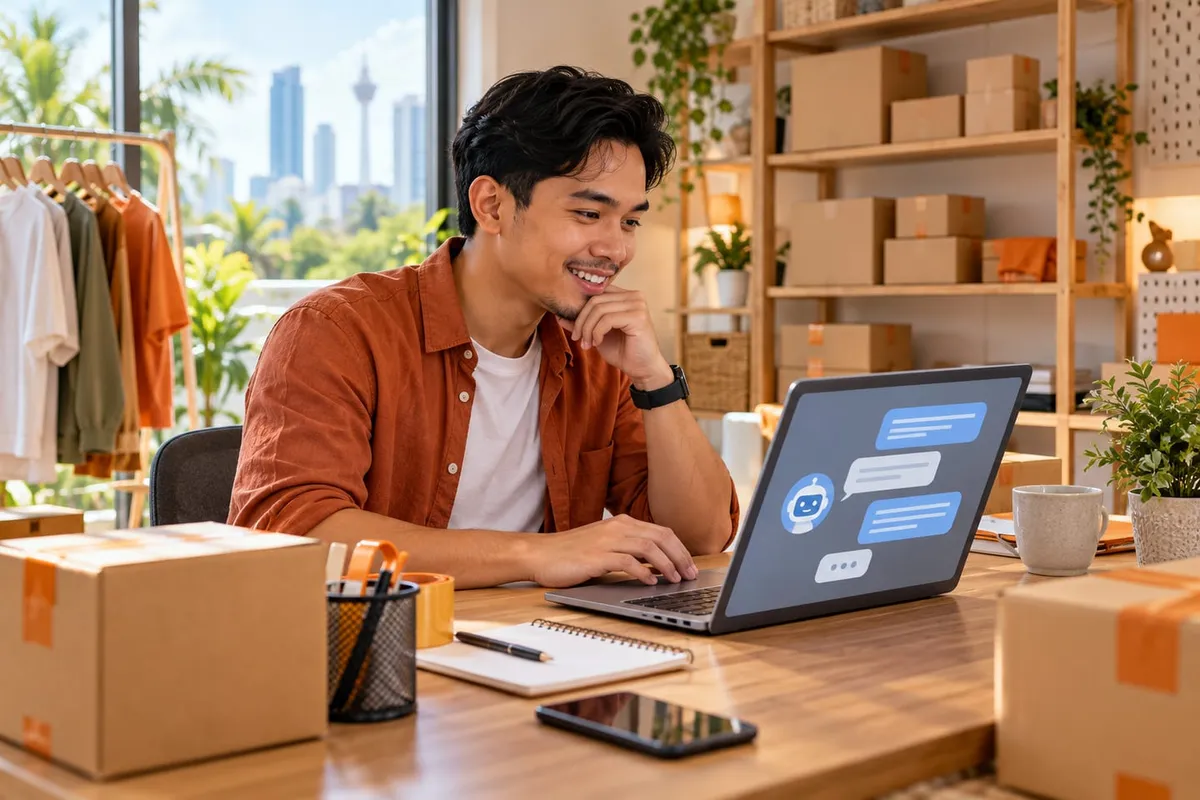 Online seller using an AI chat assistant on a laptop in a home studio stacked with parcels