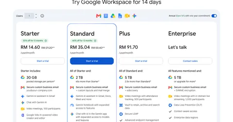 Screenshot of Google Workspace pricing in ringgit for Malaysia