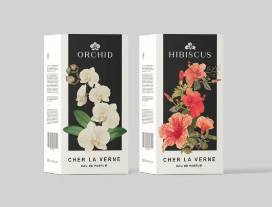 Cher La Verne Orchid and Hibiscus eau de parfum boxes, designed by O2O Creative
