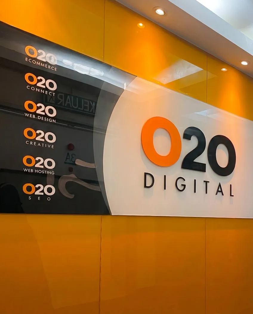O2O Digital office reception sign listing its Ecommerce, Web Design, Web Hosting and SEO units