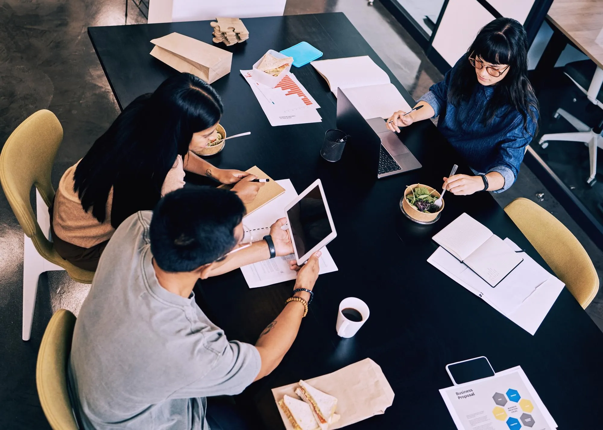 Overhead view of a team planning around a meeting table