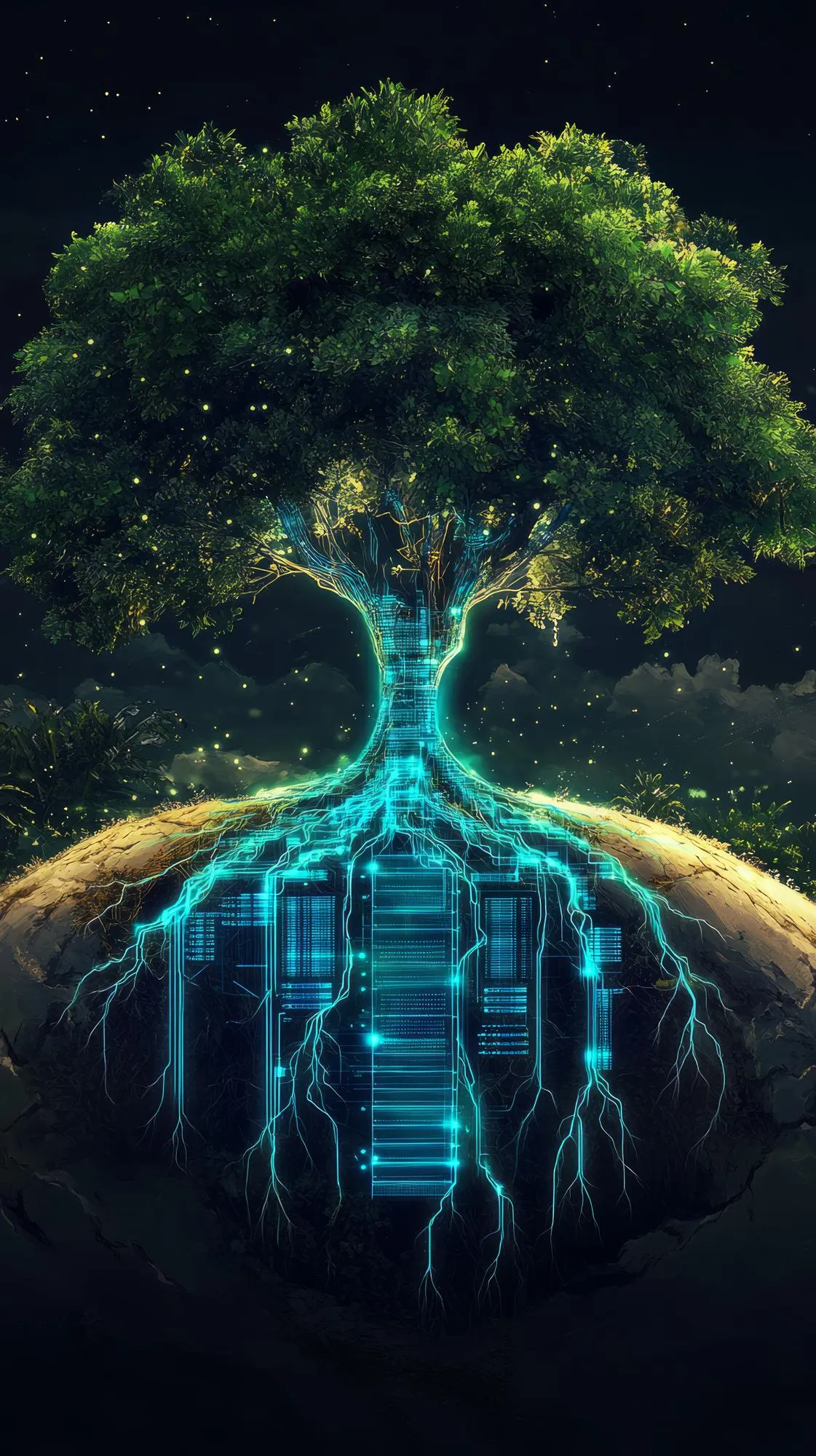 Illustration of a tree with glowing circuit-board roots