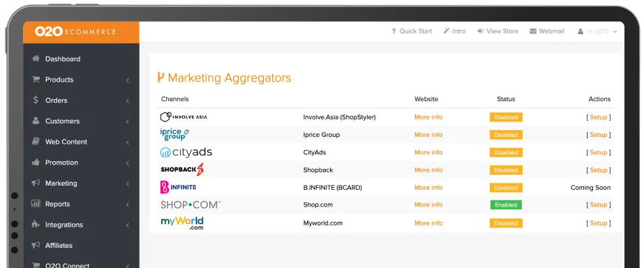 O2O Ecommerce admin dashboard listing marketing integrations such as iPrice and ShopBack