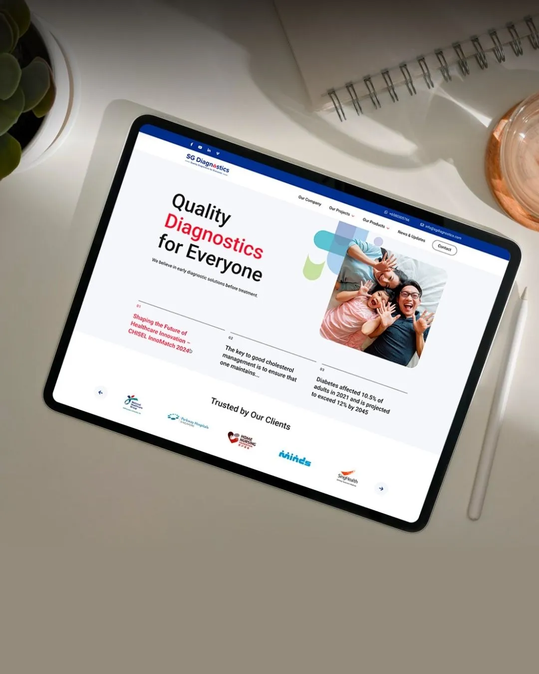 SG Diagnostics website on a tablet, designed by O2O Digital