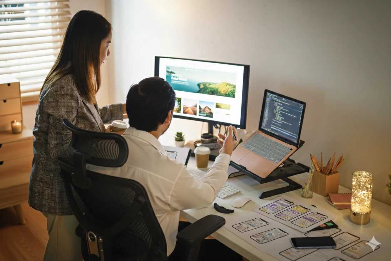 Web designer and colleague reviewing a website layout on a desktop monitor
