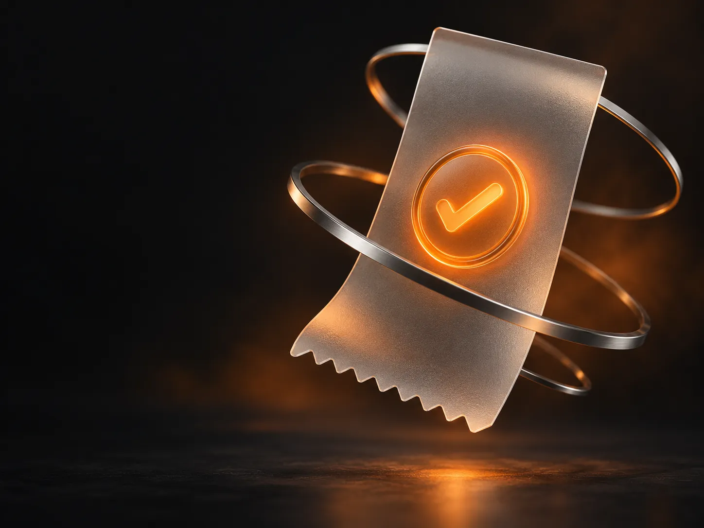 Glass receipt with a glowing orange check mark, representing a validated LHDN e-invoice