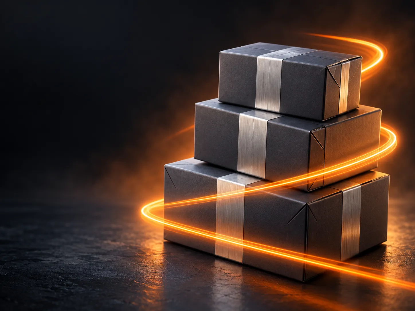 Stacked parcels wrapped by an orange light trail, representing fast courier delivery