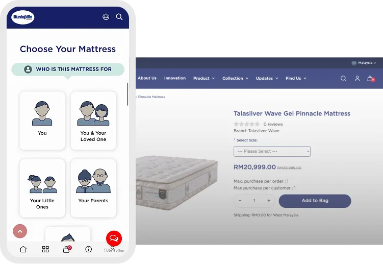 Dunlopillo mattress online store on desktop and mobile, built by O2O Digital