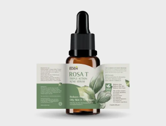 Eden Rosa T serum bottle and box packaging, designed by O2O Creative