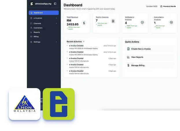 eInvoiceApp.my e-invoice dashboard with monthly revenue, total, validated and cancelled e-invoices, beside the LHDN logo