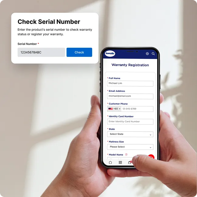Dunlopillo warranty registration form and serial number check on a smartphone