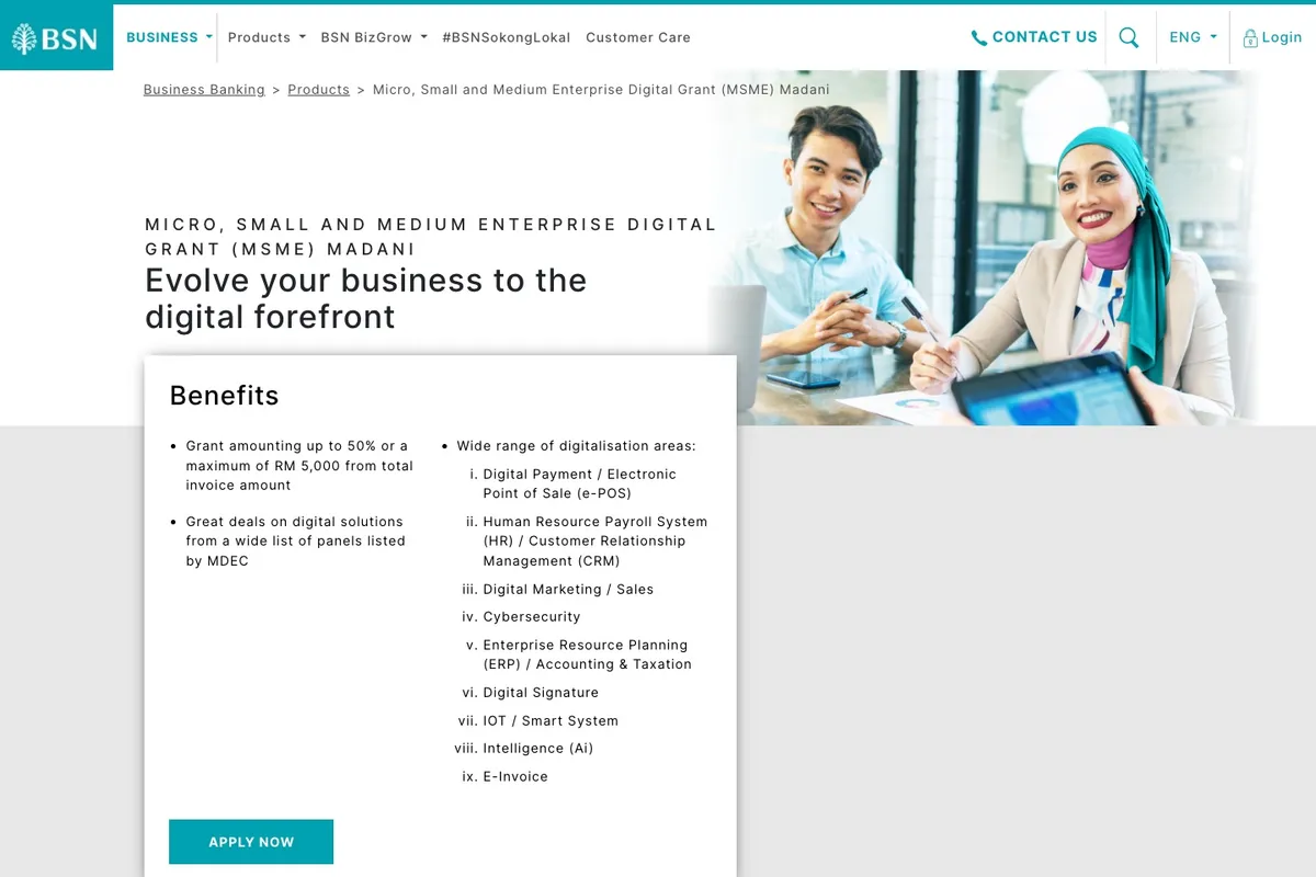 Screenshot of BSN's MSME Digital Grant MADANI page