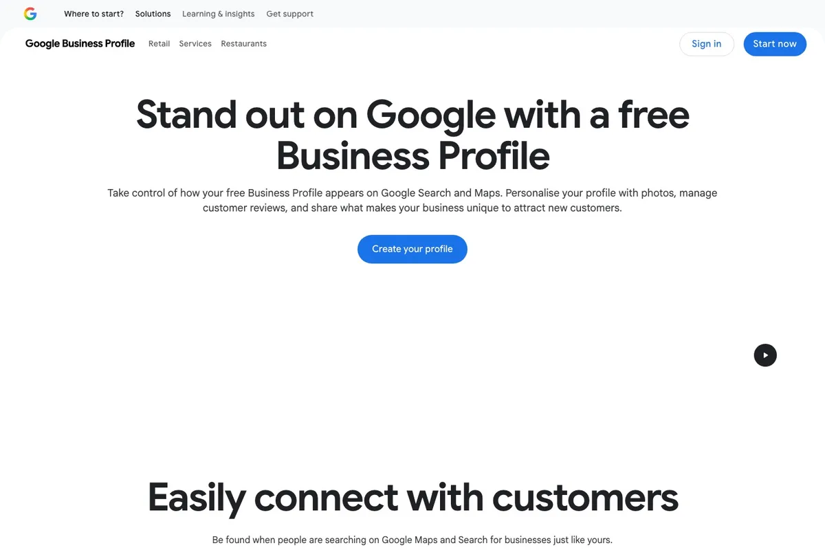 Screenshot of Google's Business Profile sign-up page