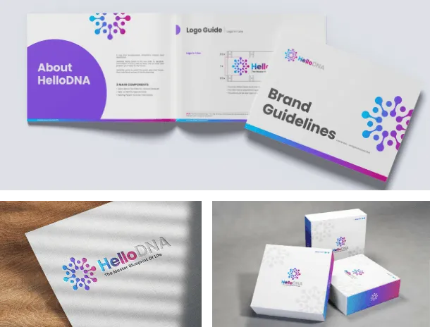 HelloDNA brand guidelines and packaging, designed by O2O Creative