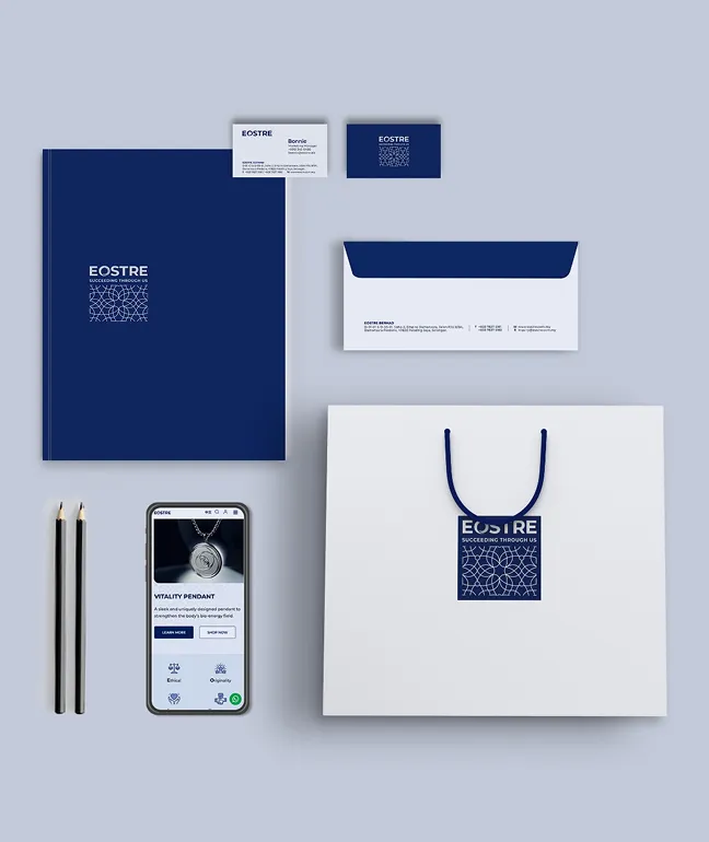 EOSTRE brand identity designed by O2O Creative, shown on a folder, envelope, shopping bag and smartphone