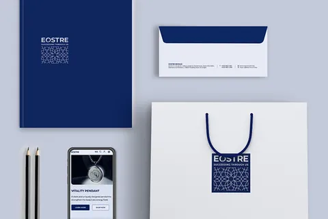 EOSTRE brand identity mock-up on folder, envelope, shopping bag and smartphone