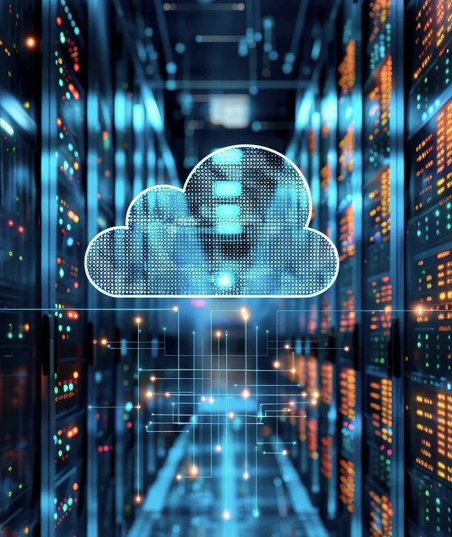 Illustration of a cloud icon over a data centre server room