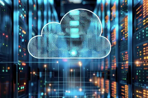 Illustration of a cloud icon over a data centre server room