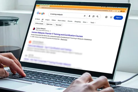 Laptop showing a Google search results page