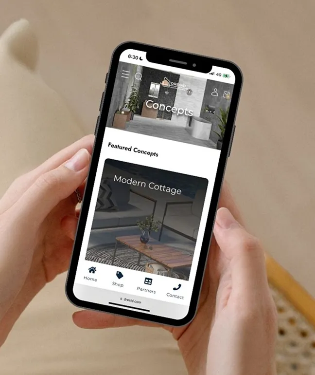 Smartphone showing a mobile interior design website