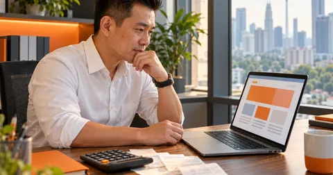 Business owner at an office desk reviewing a website design on a laptop beside a calculator and receipts
