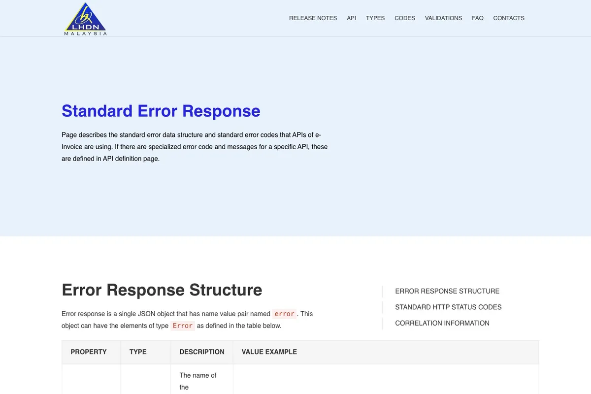 Screenshot of the MyInvois SDK standard error response page