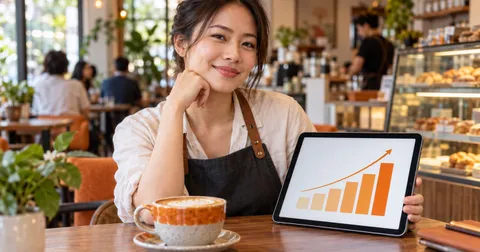 Cafe owner at a table holding a tablet that shows a rising bar chart