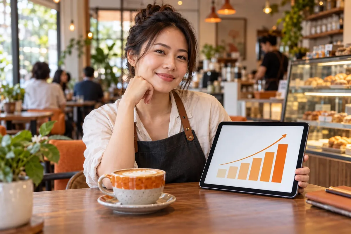 Cafe owner at a table holding a tablet that shows a rising bar chart