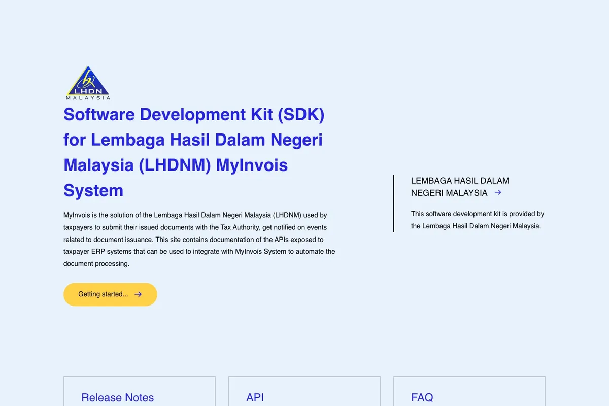 Screenshot of the LHDN MyInvois SDK documentation site