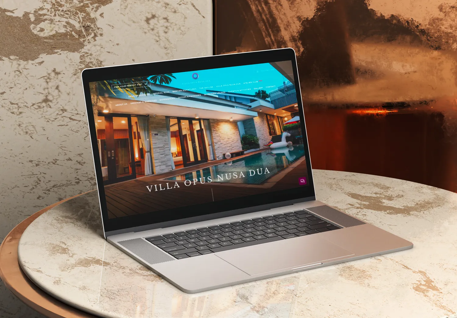 OPUS Hospitality villa website on a laptop, designed by O2O Digital