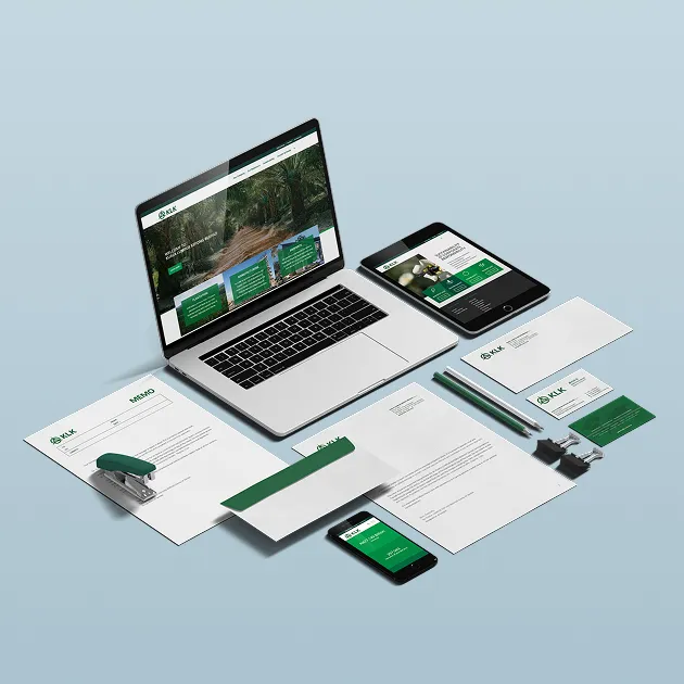 KLK brand identity on stationery, laptop, tablet and phone, designed by O2O Digital