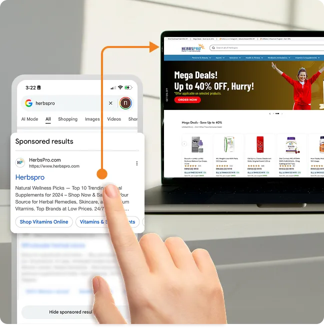 Herbspro sponsored Google search ad on a phone linking to its sale landing page