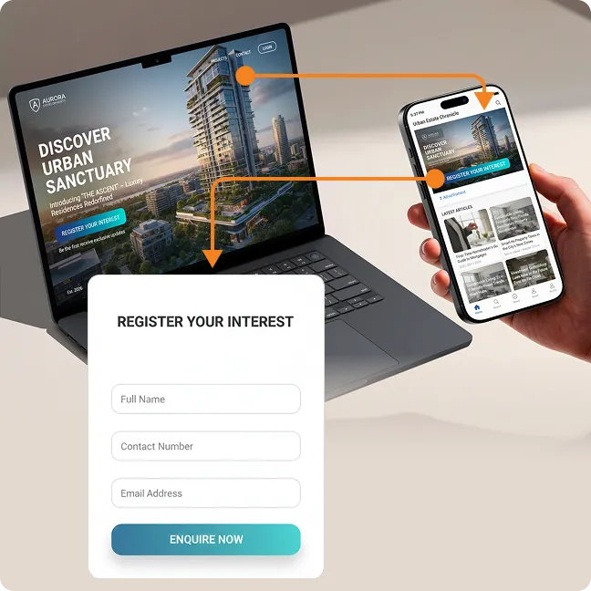 Property remarketing ads on laptop and phone leading to a register-interest form