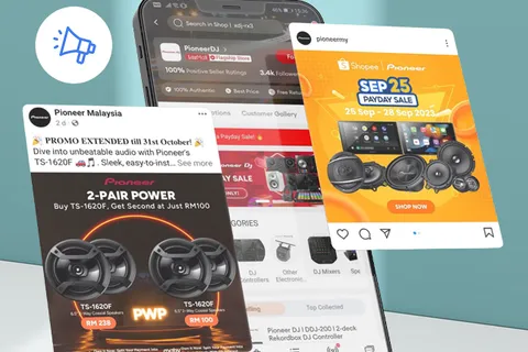 Pioneer Malaysia promotional ads and social media posts on a smartphone