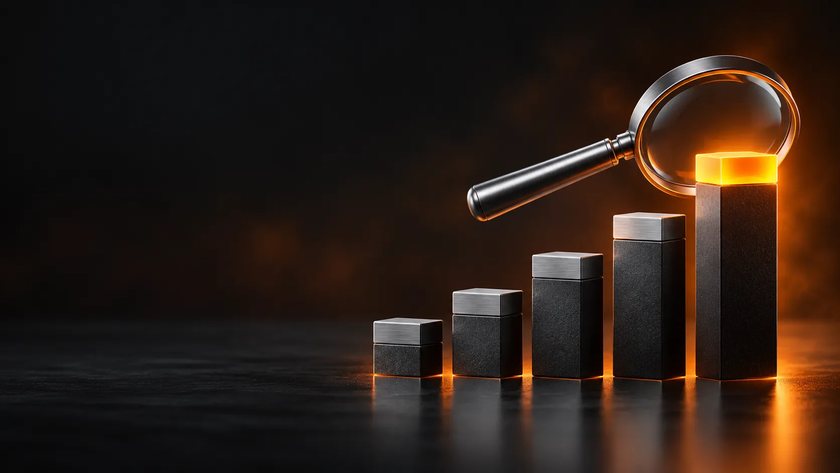 A magnifying glass over rising columns, the tallest capped in orange, representing a site climbing Google results
