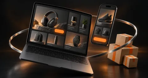A laptop and phone showing an online store with an orange buy button, next to parcels ready to ship
