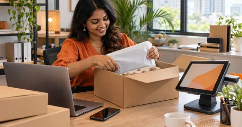 Office manager unboxing a new laptop, smartphone and point-of-sale tablet at a desk