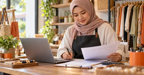 Small shop owner reviewing paperwork and a laptop at a shop counter