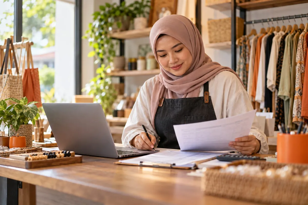 Small shop owner reviewing paperwork and a laptop at a shop counter