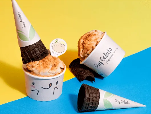 Soy Gelato ice cream cup and cone packaging, designed by O2O Creative