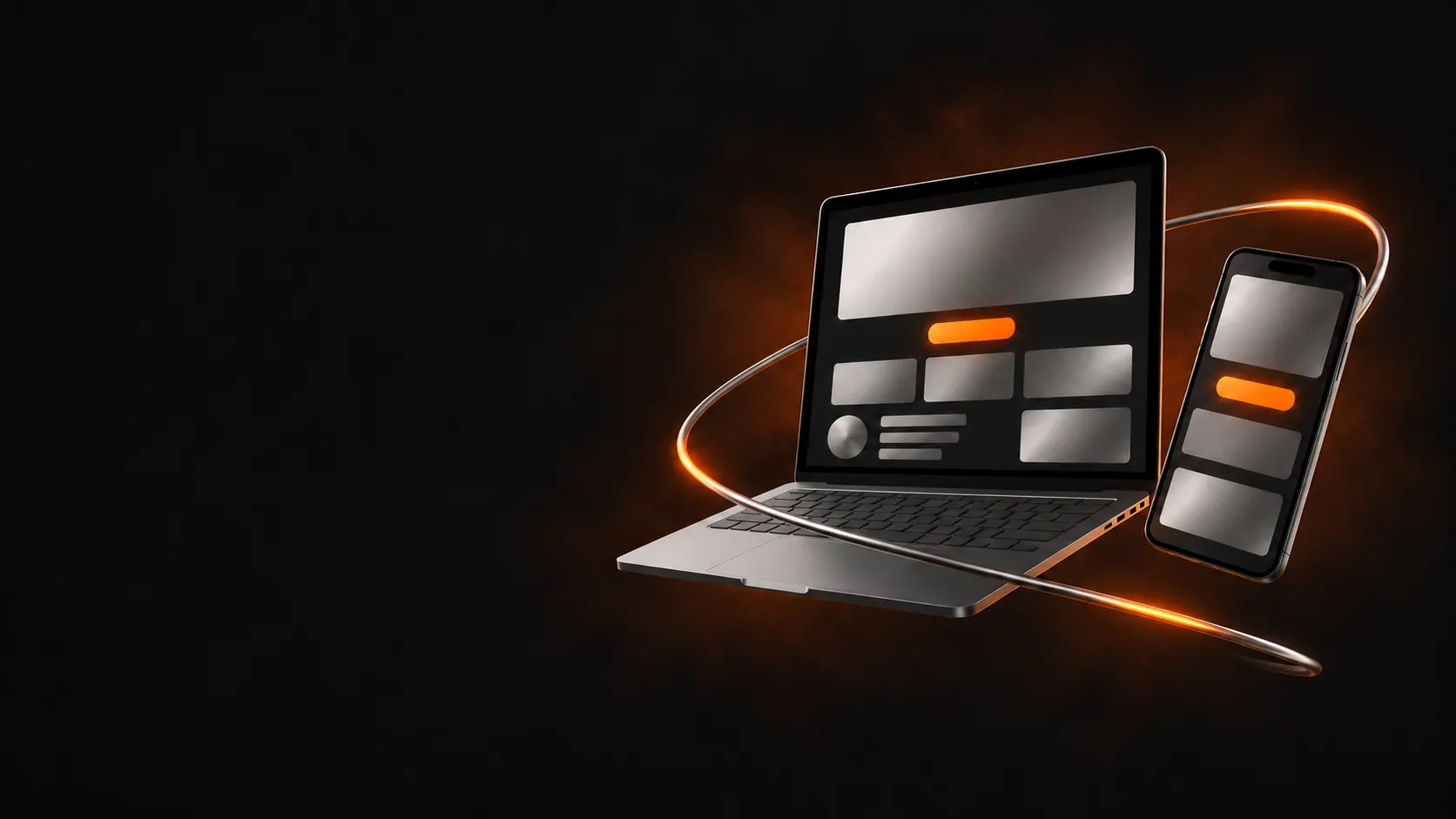 A laptop and phone showing a new website with an orange button, orbited by an aluminium ring